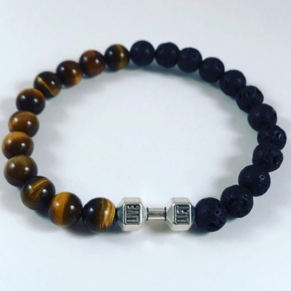 Men / women Tiger eye lava rock barbell bracelet - Picture 2 of 7